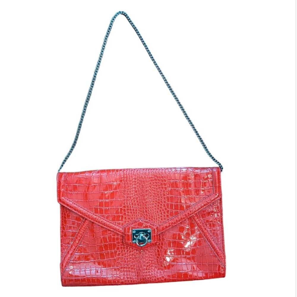 White House Black Market bag‎ purse red envelope faux alligator skin chain